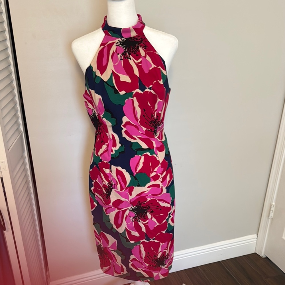 Trina Turk, NWT, Floral Halter Neck Dress - Pink, blue and Green, size 6